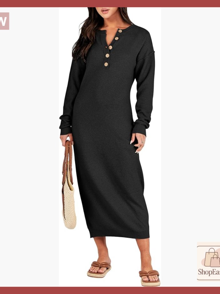Oversized Waffle Knit Sweater Dress Long Sleeve Button V Neck Midi Casual